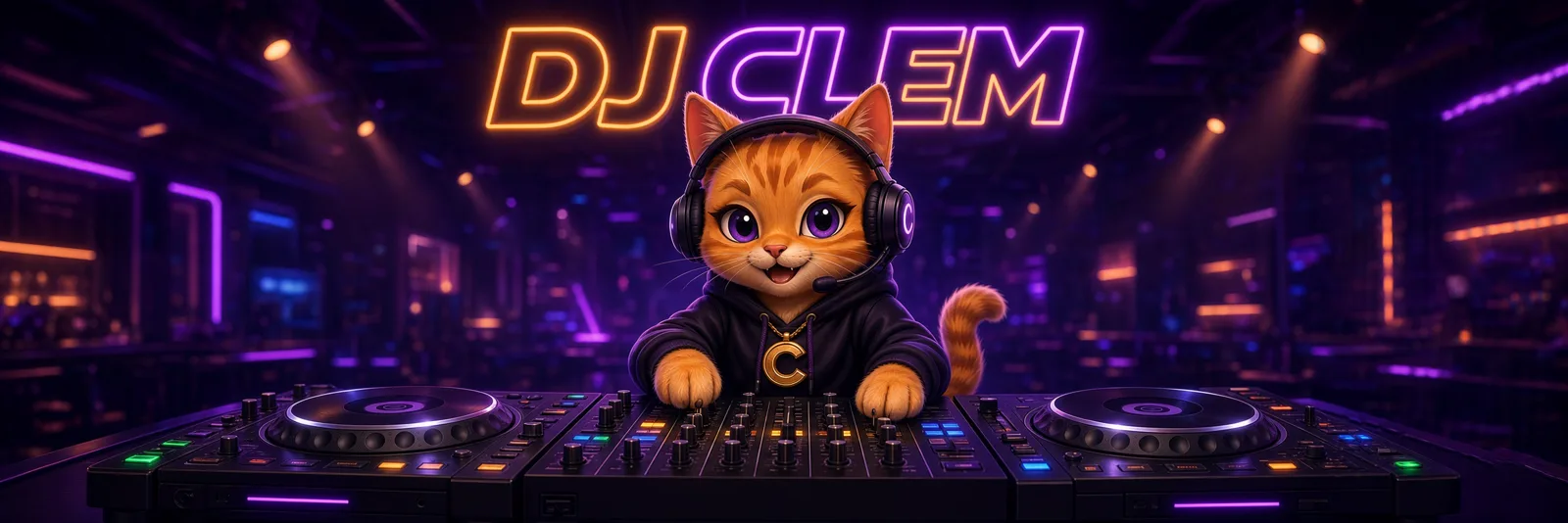 DJ Clem, an orange kitten in headphones and a hoodie, at a pair of decks under neon DJ CLEM lettering